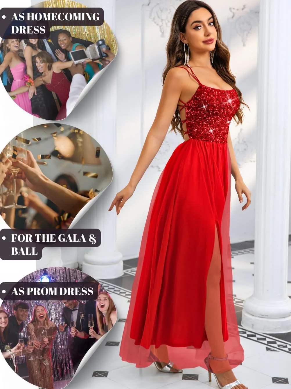 Tulle Prom Dress with Slit,Sequin Backless Long Flowy Dresses for Women,Sexy Sparkly Outfits Homecoming Wedding