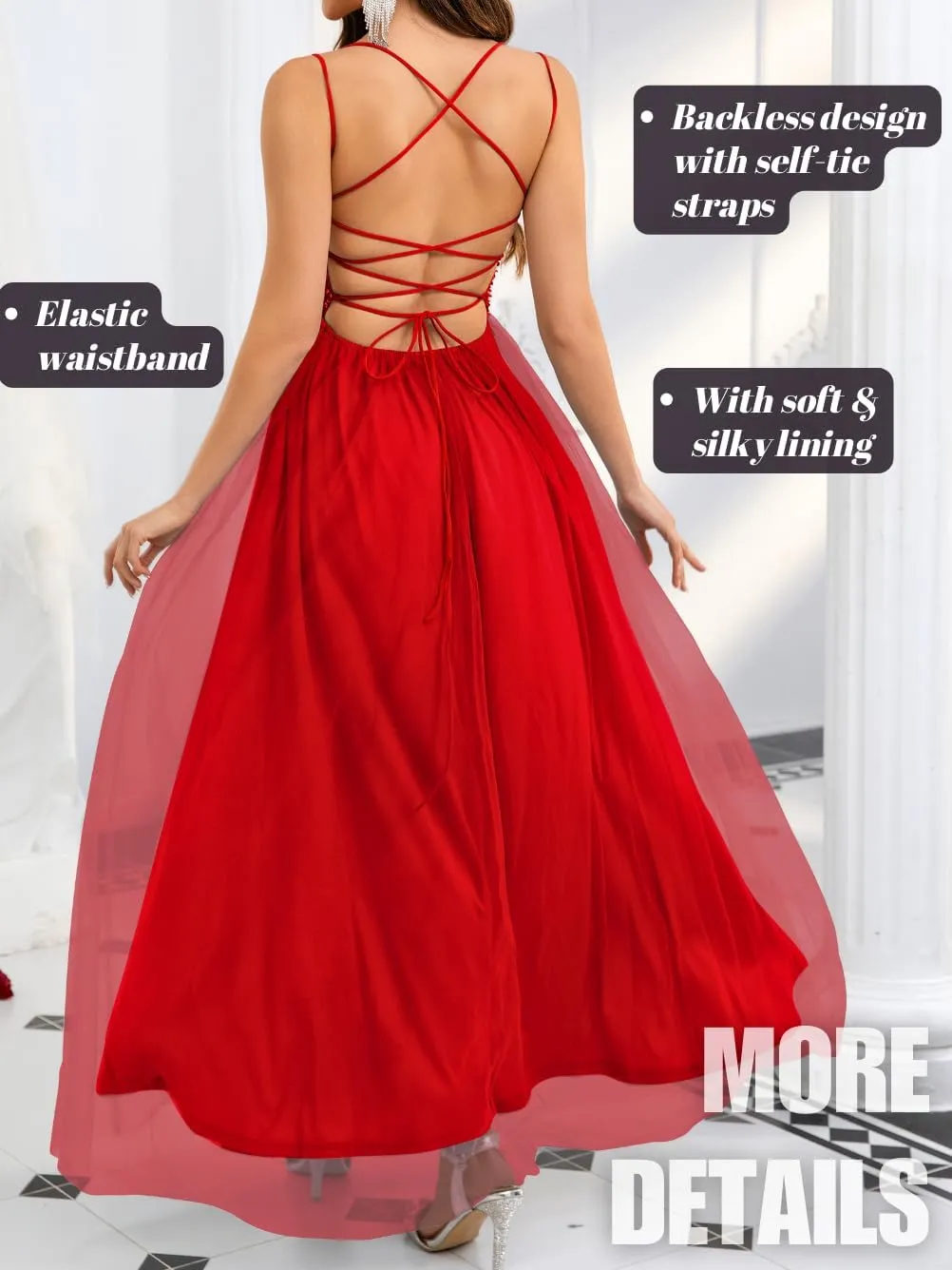 Tulle Prom Dress with Slit,Sequin Backless Long Flowy Dresses for Women,Sexy Sparkly Outfits Homecoming Wedding