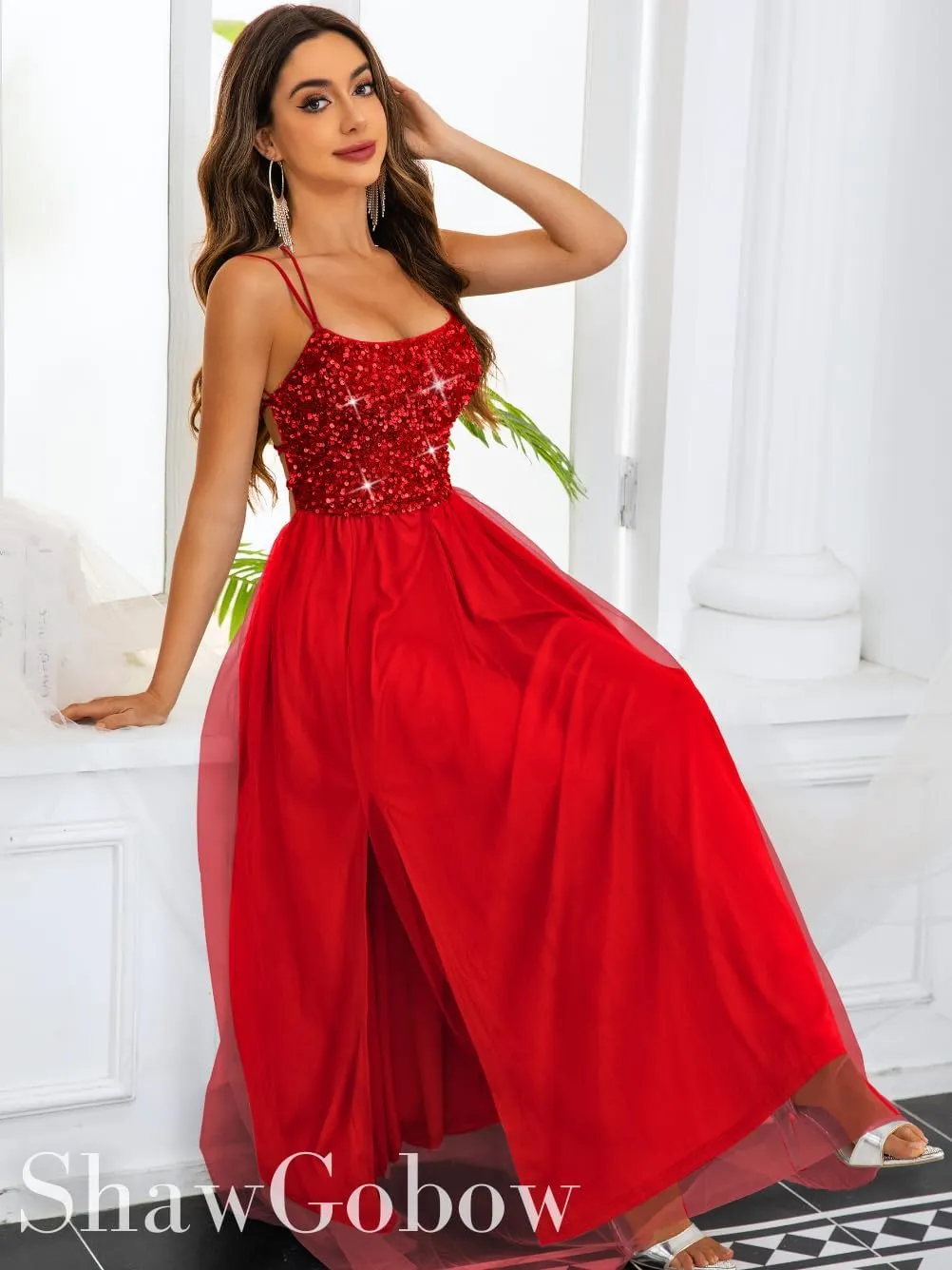 Tulle Prom Dress with Slit,Sequin Backless Long Flowy Dresses for Women,Sexy Sparkly Outfits Homecoming Wedding