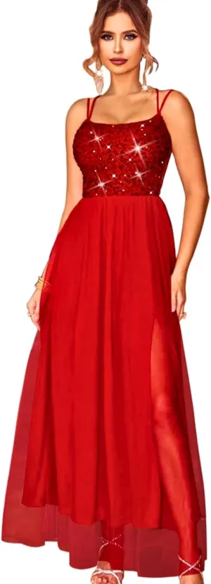 Tulle Prom Dress with Slit,Sequin Backless Long Flowy Dresses for Women,Sexy Sparkly Outfits Homecoming Wedding