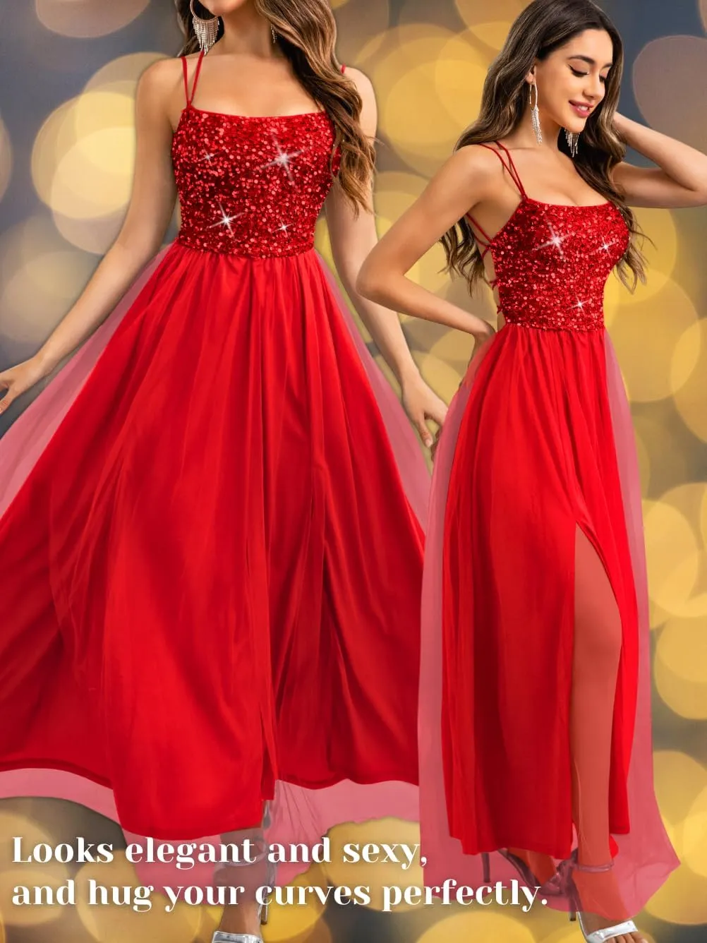 Tulle Prom Dress with Slit,Sequin Backless Long Flowy Dresses for Women,Sexy Sparkly Outfits Homecoming Wedding