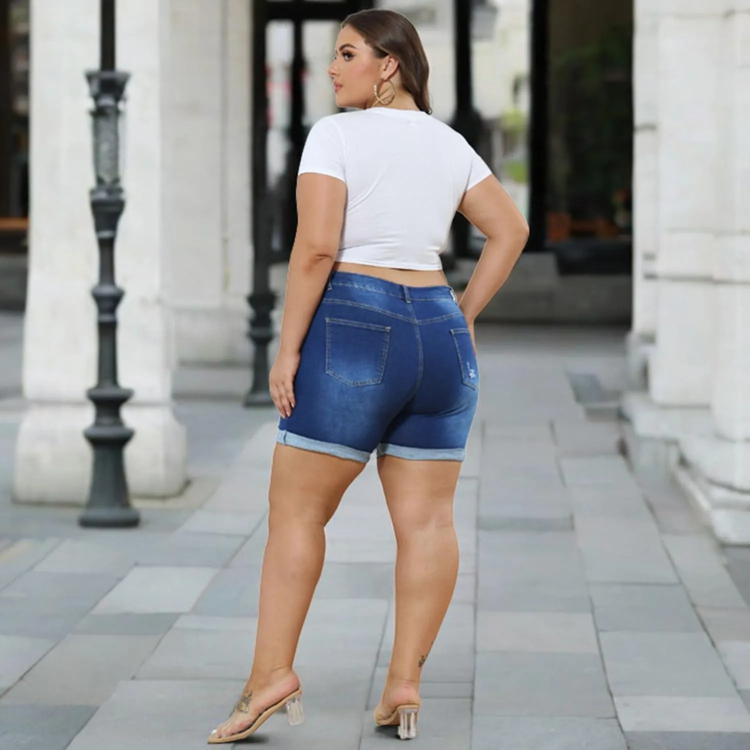 Tulucky Women Plus Size Jean Shorts High Waist Cute Distressed Ripped Folded Hem Denim Shorts