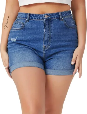 Tulucky Women Plus Size Jean Shorts High Waist Cute Distressed Ripped Folded Hem Denim Shorts