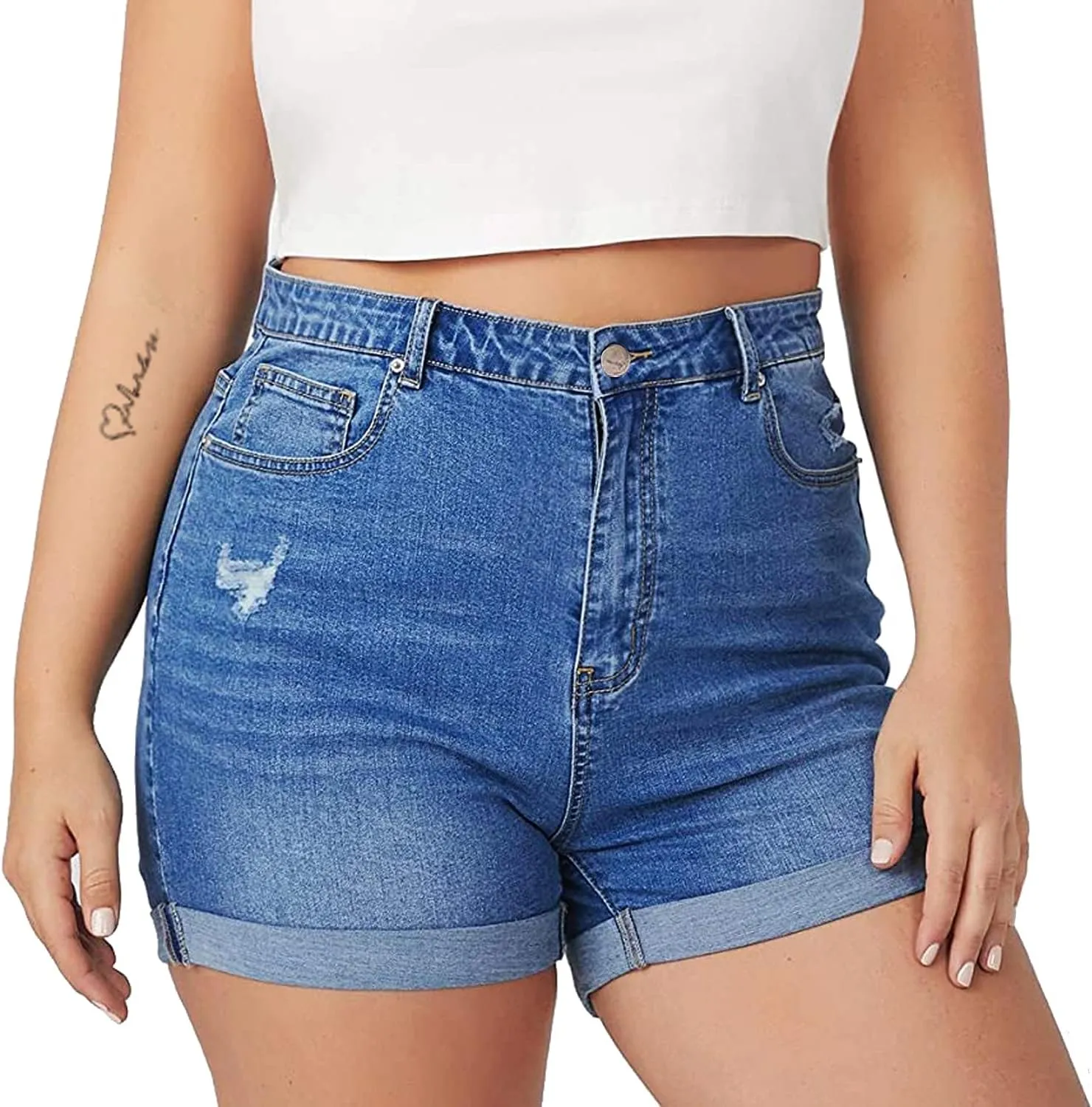 Tulucky Women Plus Size Jean Shorts High Waist Cute Distressed Ripped Folded Hem Denim Shorts
