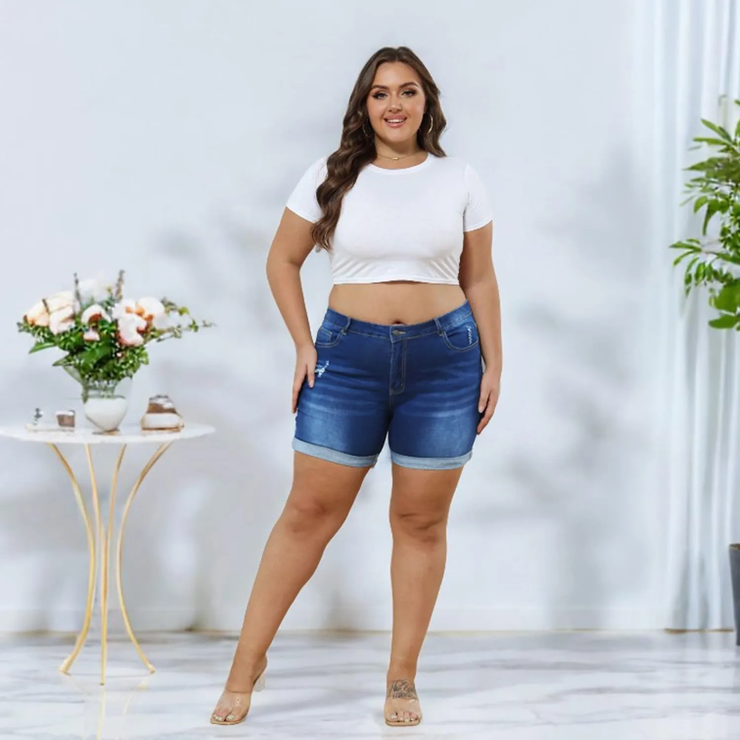 Tulucky Women Plus Size Jean Shorts High Waist Cute Distressed Ripped Folded Hem Denim Shorts