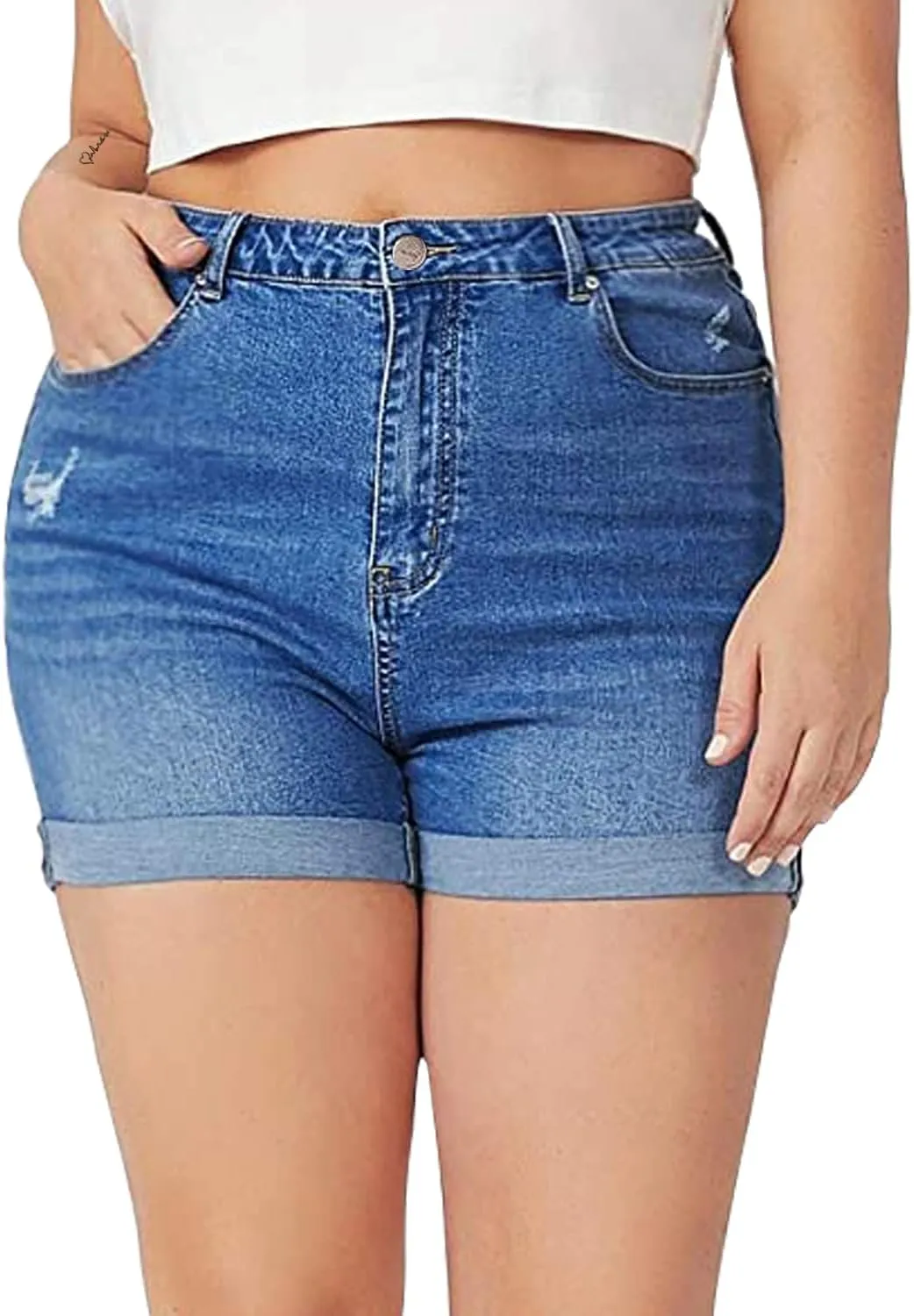 Tulucky Women Plus Size Jean Shorts High Waist Cute Distressed Ripped Folded Hem Denim Shorts