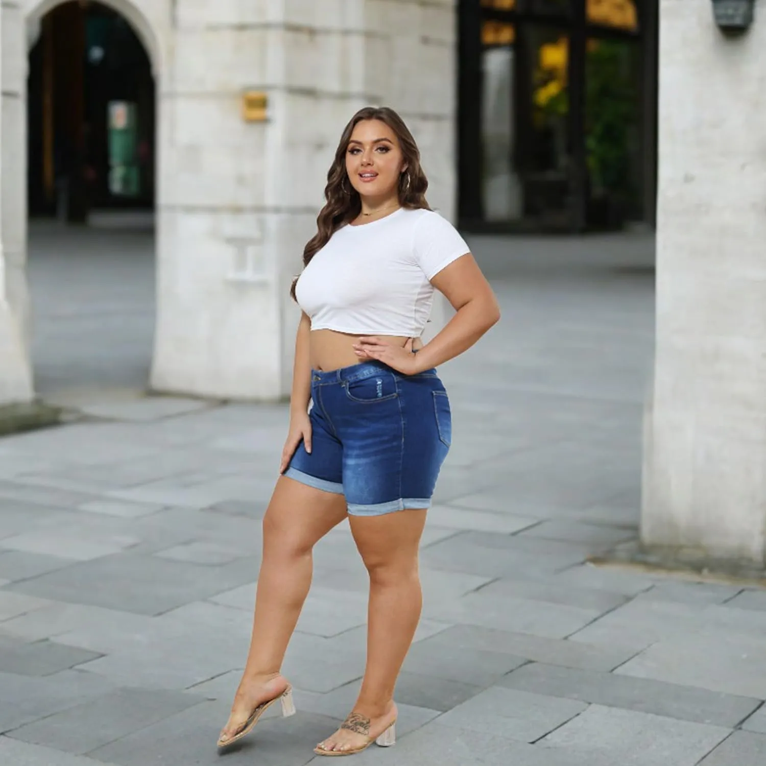 Tulucky Women Plus Size Jean Shorts High Waist Cute Distressed Ripped Folded Hem Denim Shorts