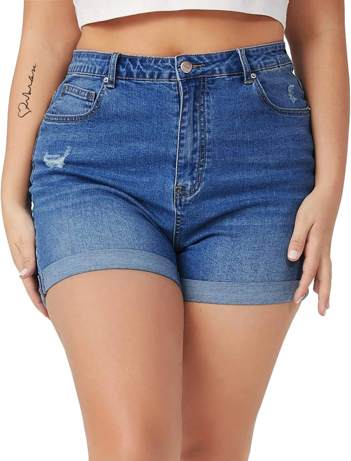 Tulucky Women Plus Size Jean Shorts High Waist Cute Distressed Ripped Folded Hem Denim Shorts