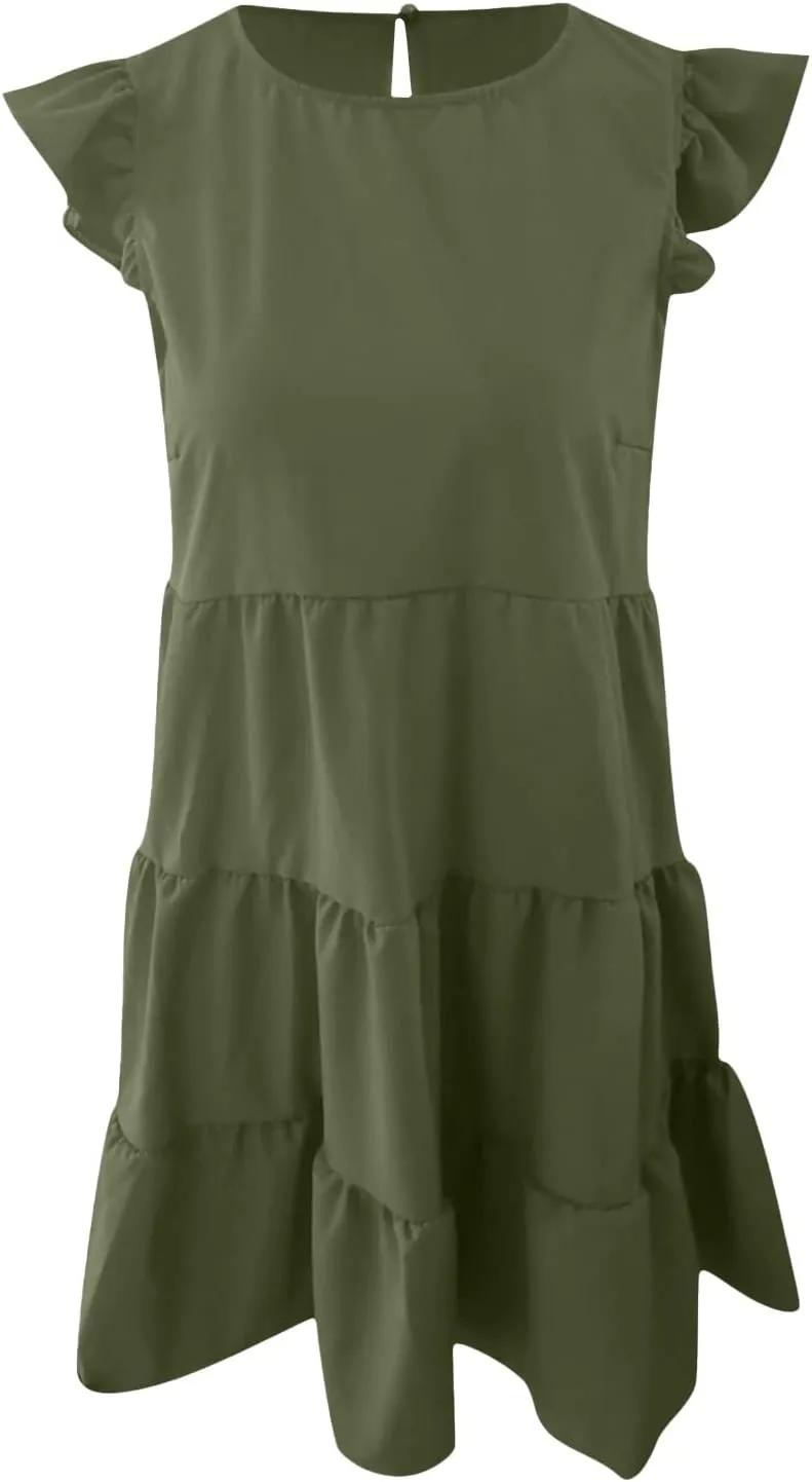 TUNUSKAT Womens Summer Mini Dresses Sleeveless Ruffle Sleeve Round Neck Tunic Dress Solid Loose Flowy Pleated Babydoll Dress