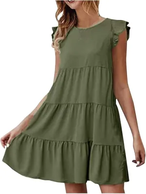 TUNUSKAT Womens Summer Mini Dresses Sleeveless Ruffle Sleeve Round Neck Tunic Dress Solid Loose Flowy Pleated Babydoll Dress