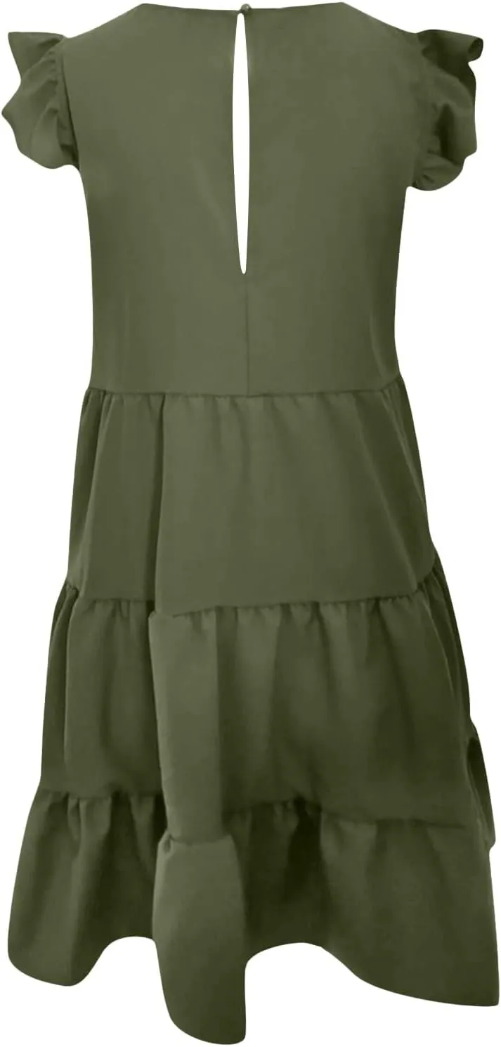 TUNUSKAT Womens Summer Mini Dresses Sleeveless Ruffle Sleeve Round Neck Tunic Dress Solid Loose Flowy Pleated Babydoll Dress