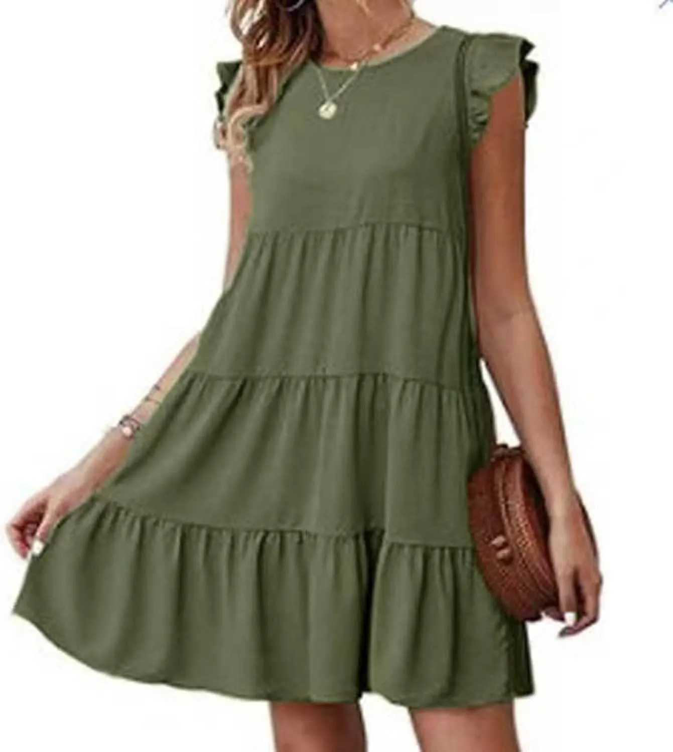 TUNUSKAT Womens Summer Mini Dresses Sleeveless Ruffle Sleeve Round Neck Tunic Dress Solid Loose Flowy Pleated Babydoll Dress