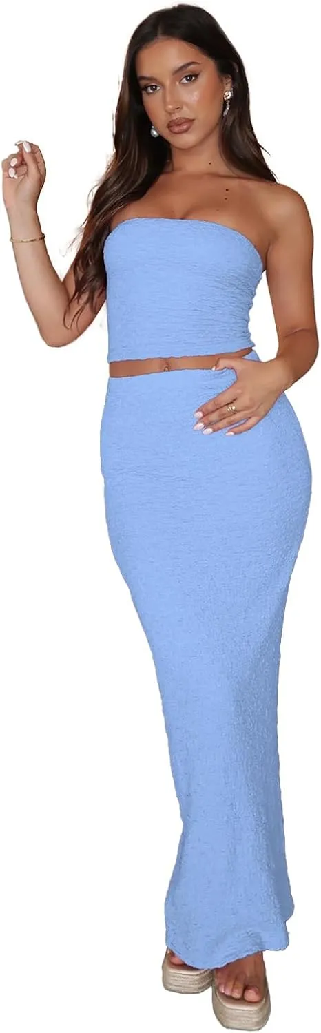 Two Piece Dress Outfits for Women Sleeveless Tube Tops Bodycon Maxi Dress Summer Strapless Crop Top Sexy Suits Set