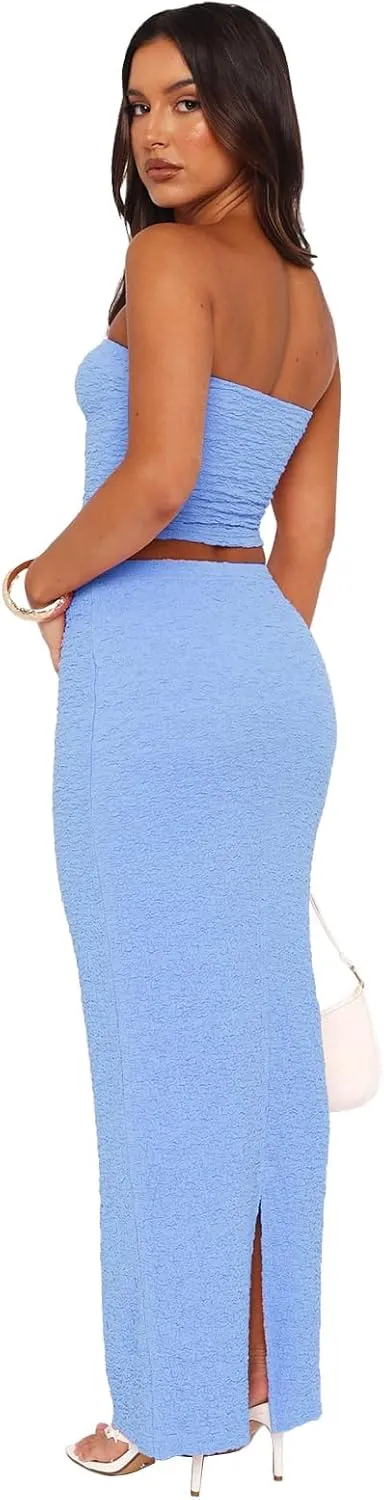 Two Piece Dress Outfits for Women Sleeveless Tube Tops Bodycon Maxi Dress Summer Strapless Crop Top Sexy Suits Set
