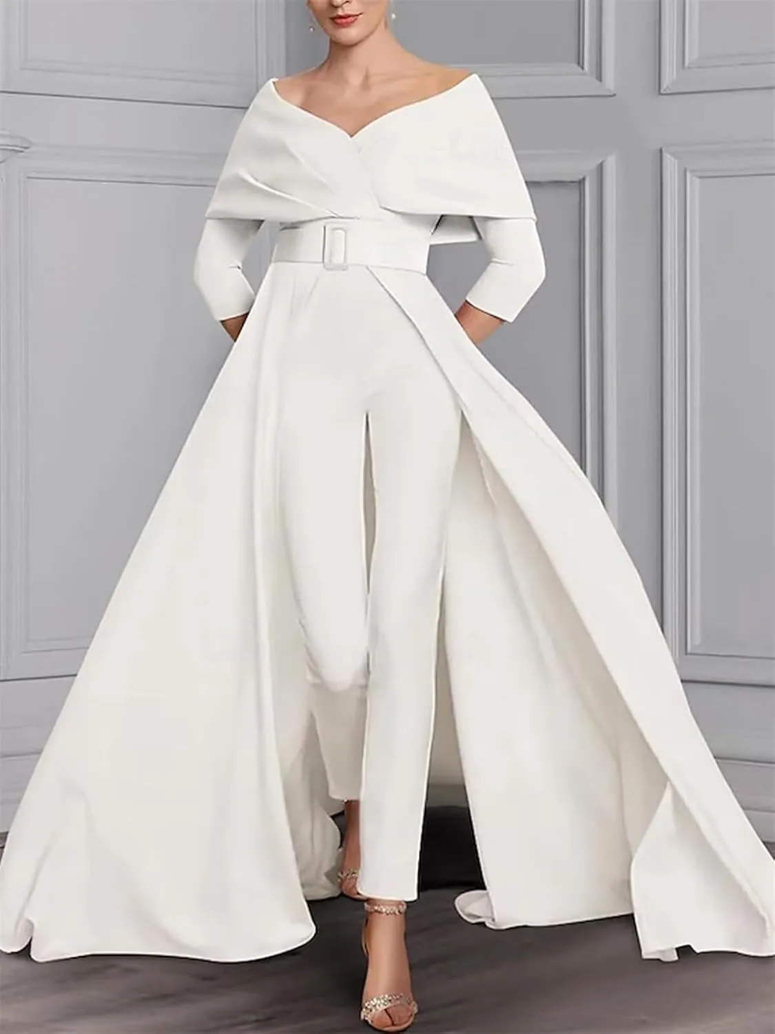 Two Piece Jumpsuit Mother of The Bride Dress for Wedding Off Shoulder Satin Elegant Formal Evening Dress for Women