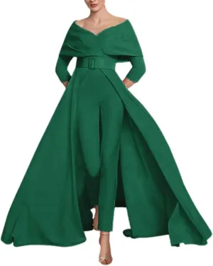 Two Piece Jumpsuit Mother of The Bride Dress for Wedding Off Shoulder Satin Elegant Formal Evening Dress for Women