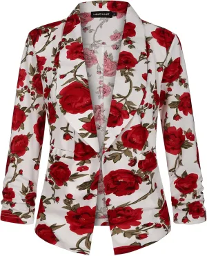 Unifizz Womens Casual Blazer Pockets Open Front Cardigan Work Office Jacket 3/4 Sleeve