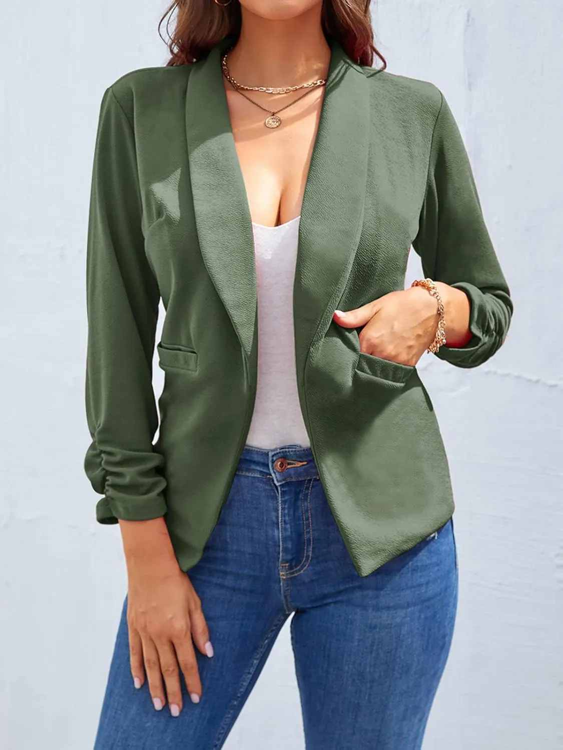 Unifizz Womens Casual Blazer Pockets Open Front Cardigan Work Office Jacket 3/4 Sleeve
