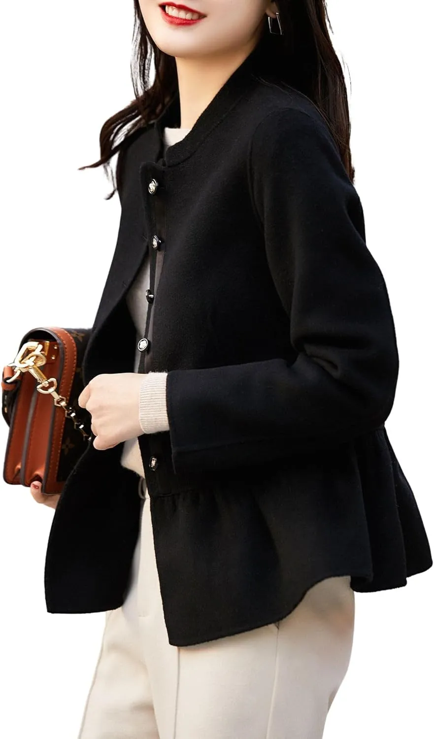 utcoco Womens 2024 Fall Slim Fit Cropped Blazers Single Breasted Wool Coats Casual Peplum Jackets Tops