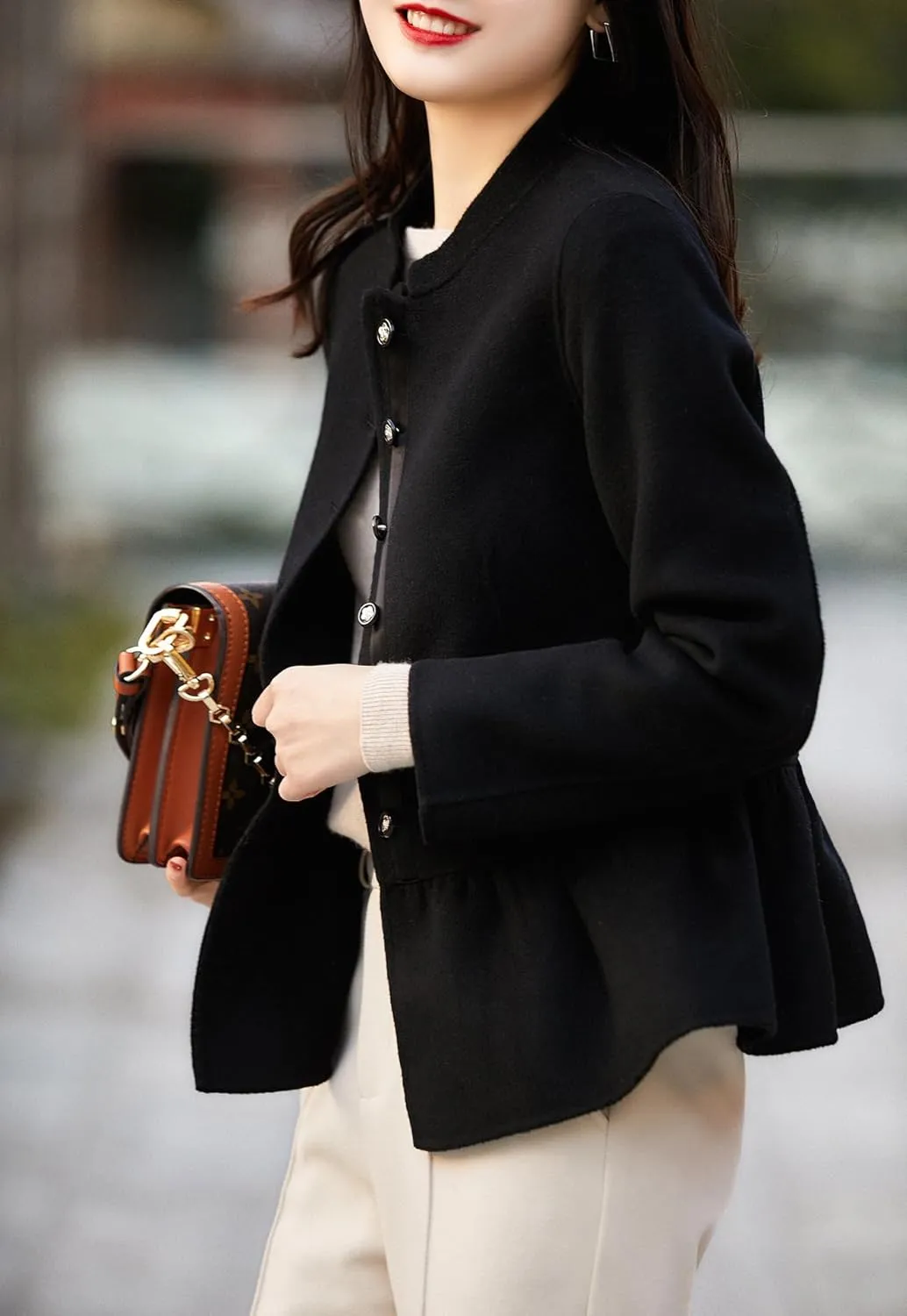 utcoco Womens 2024 Fall Slim Fit Cropped Blazers Single Breasted Wool Coats Casual Peplum Jackets Tops