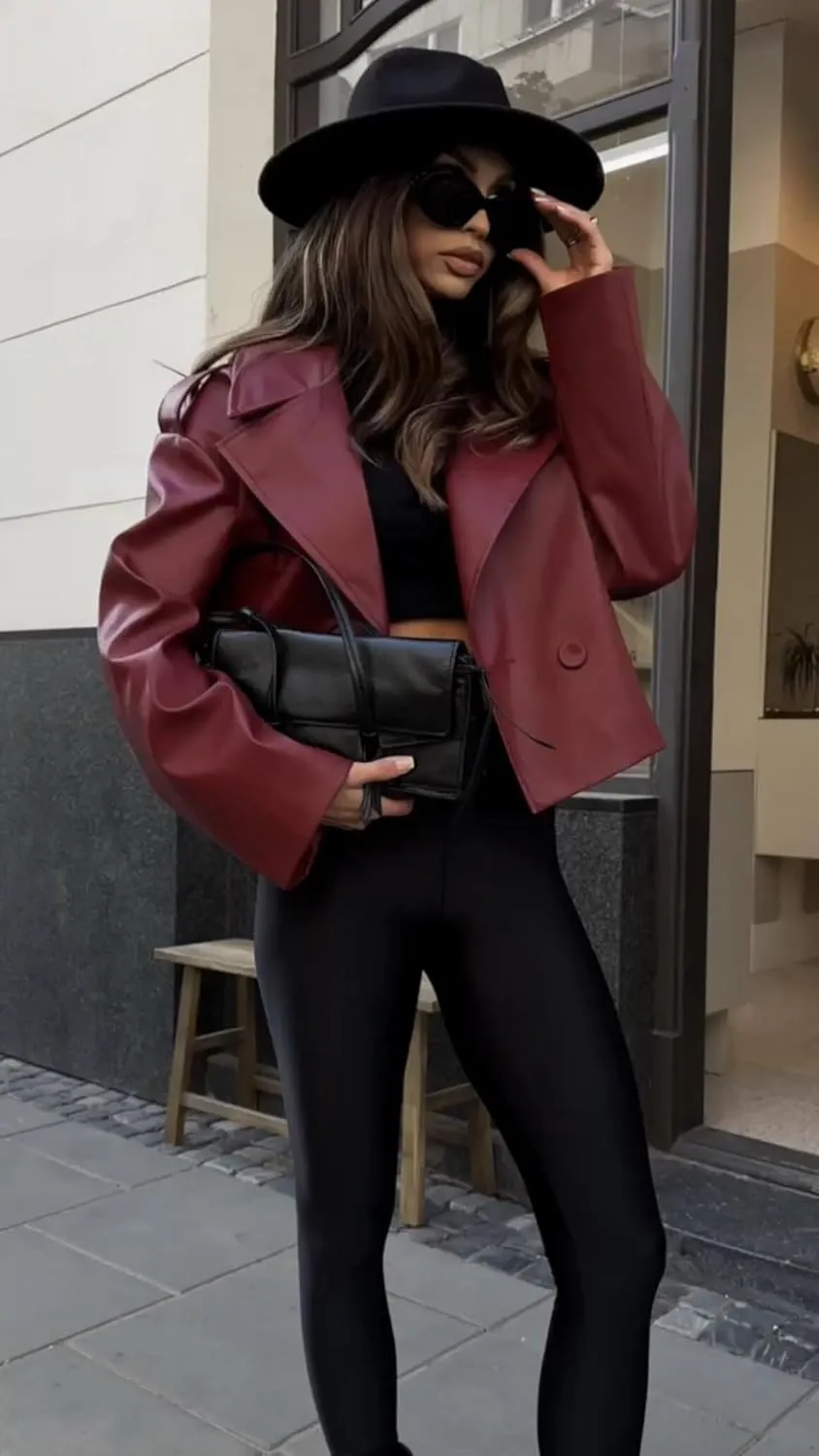 utcoco Womens Cropped Faux Leather Jacket Fall Fashion Open Front Motorcycle Coat Outwear Winter Clothes