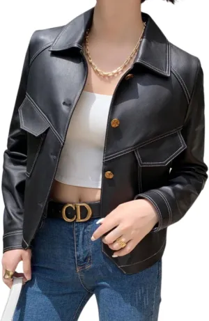 utcoco Women's Cropped Faux Leather Motorcycle Jacket 2024 Fall Fashion Button Up PU Coat Outerwear with Pockets