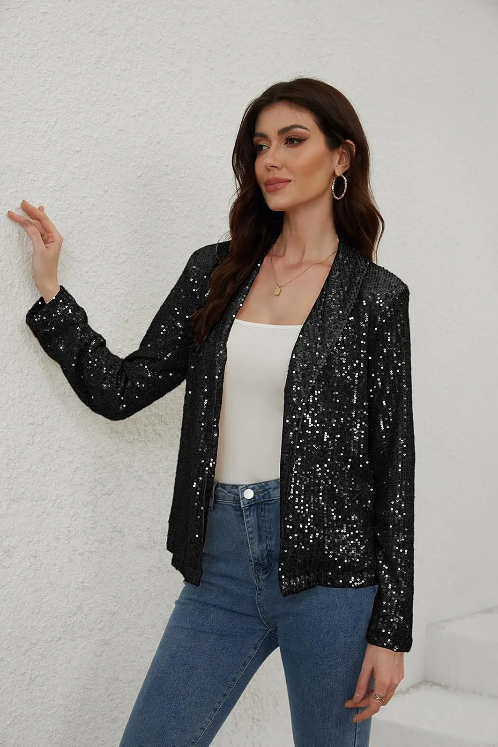 utcoco Womens Sequin Blazer Casual Long Sleeve Open Front Sparkle Blazer Jacket