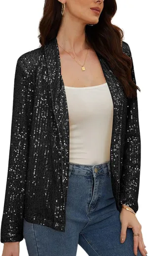utcoco Womens Sequin Blazer Casual Long Sleeve Open Front Sparkle Blazer Jacket