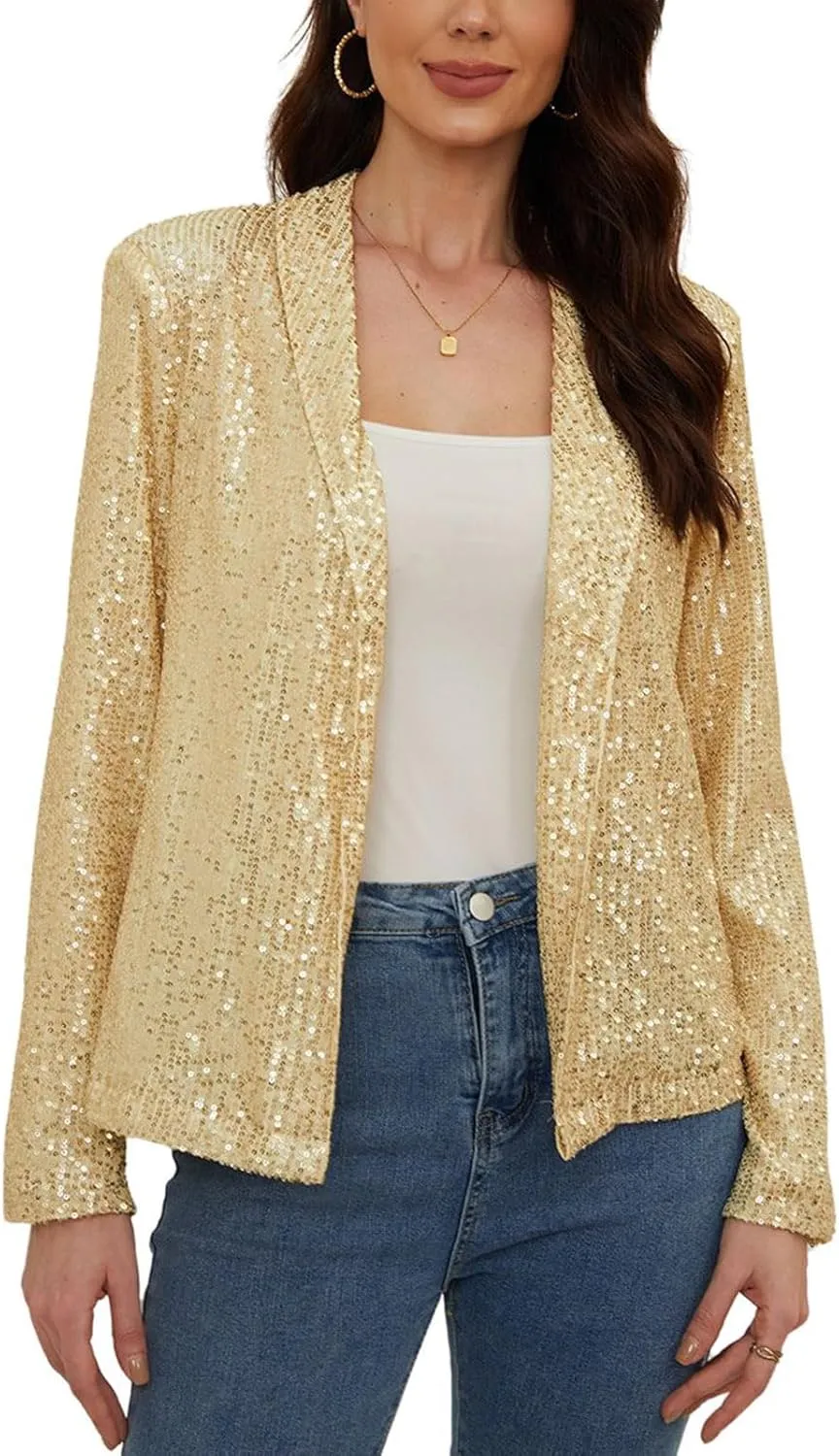 utcoco Womens Sequin Blazer Casual Long Sleeve Open Front Sparkle Blazer Jacket