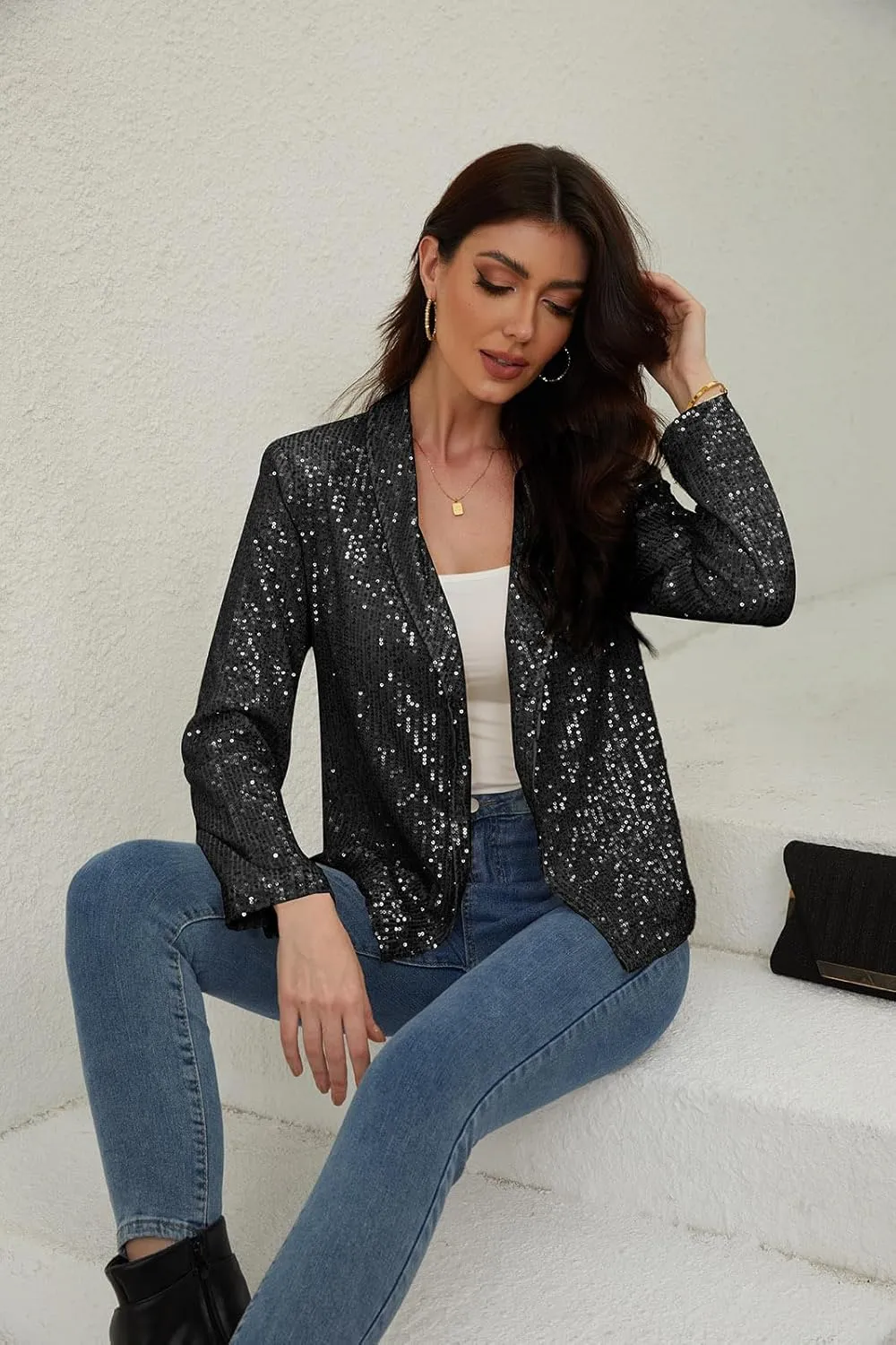utcoco Womens Sequin Blazer Casual Long Sleeve Open Front Sparkle Blazer Jacket