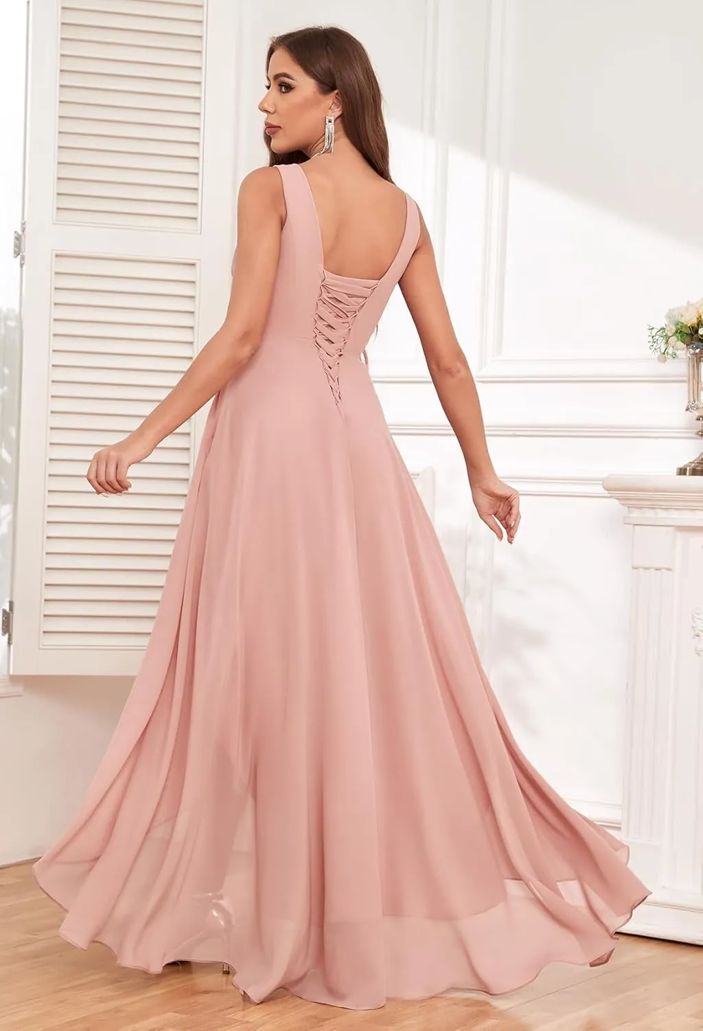 V Neck Bridesmaid Dresses for Women High Low A-Line Chiffon Pleated Evening Party Gown with Pockets