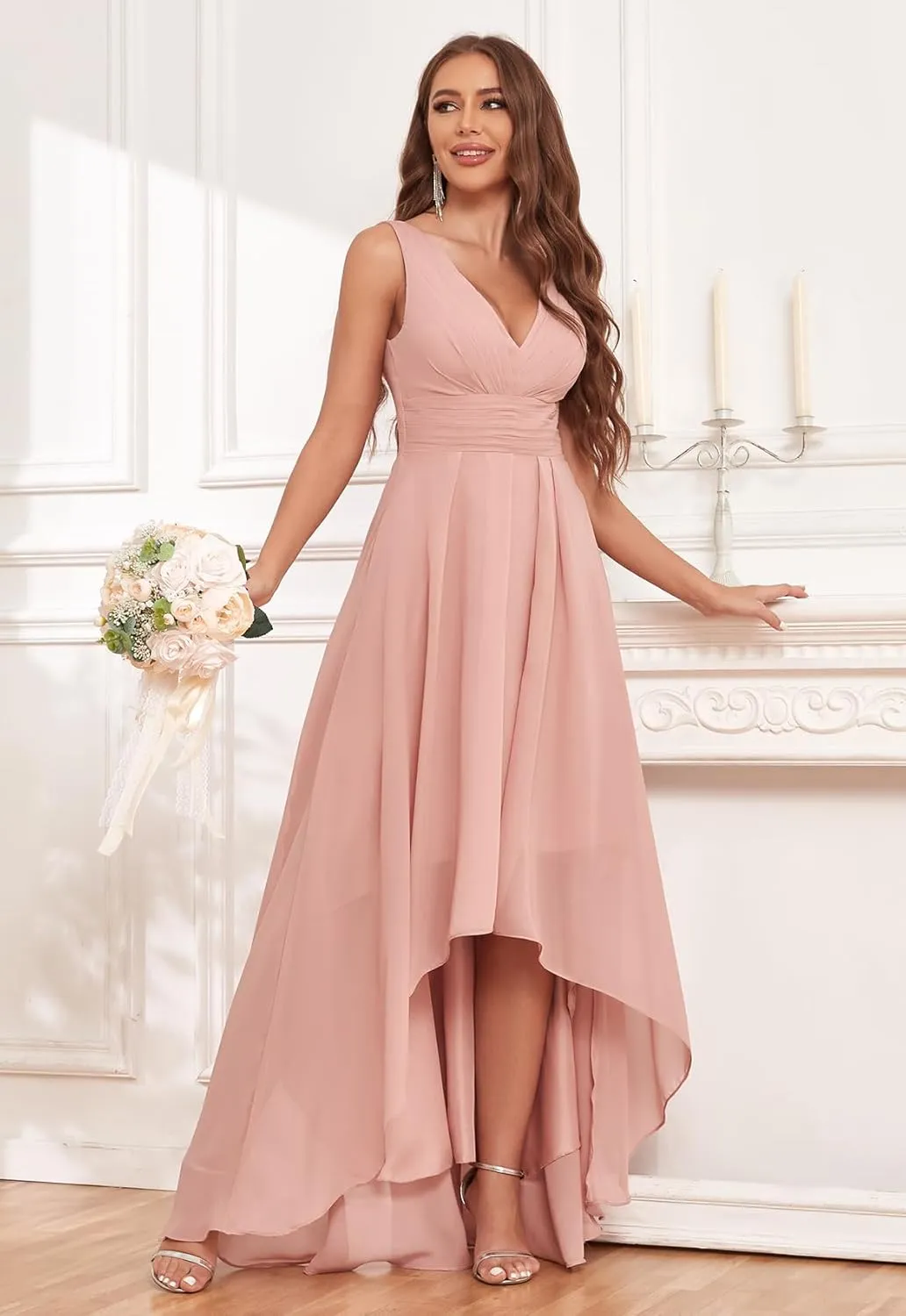 V Neck Bridesmaid Dresses for Women High Low A-Line Chiffon Pleated Evening Party Gown with Pockets