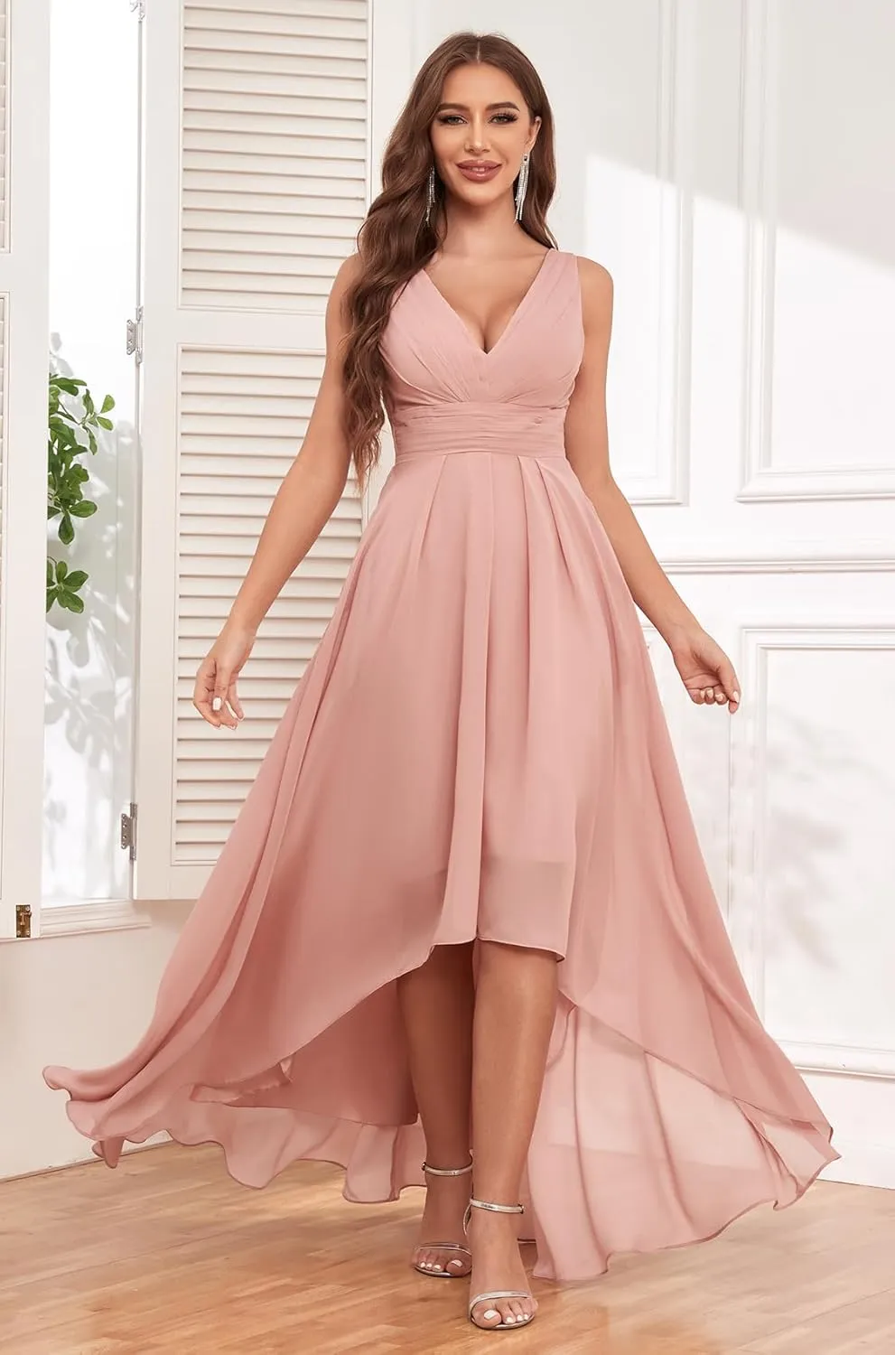 V Neck Bridesmaid Dresses for Women High Low A-Line Chiffon Pleated Evening Party Gown with Pockets