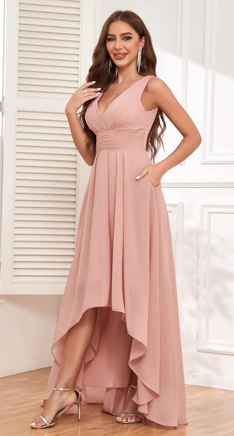 V Neck Bridesmaid Dresses for Women High Low A-Line Chiffon Pleated Evening Party Gown with Pockets