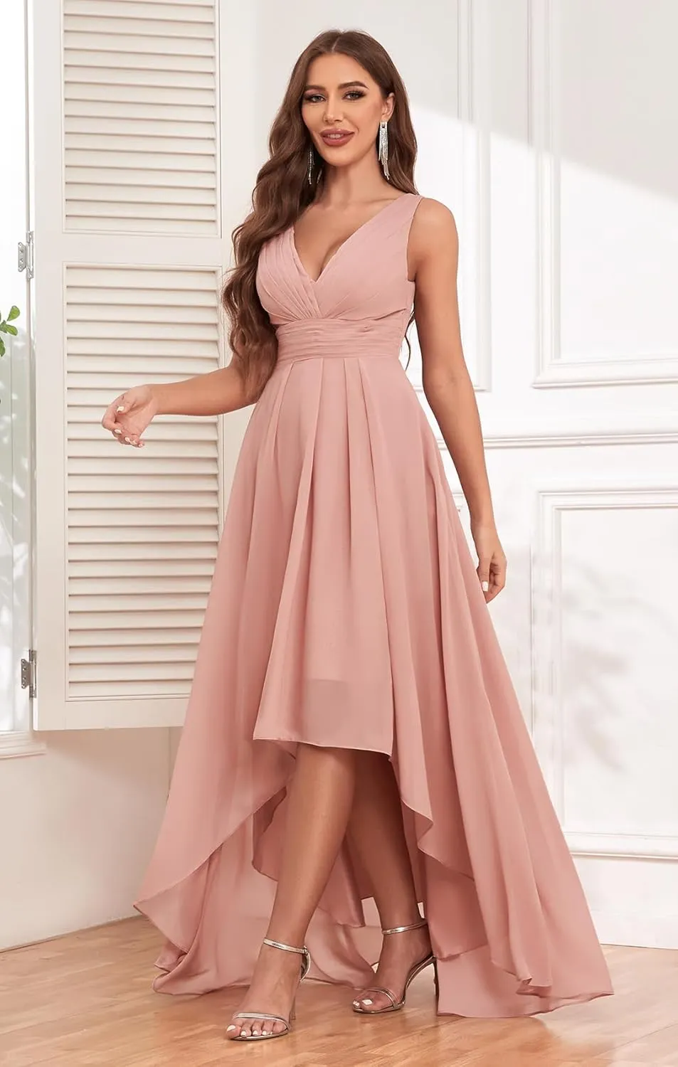 V Neck Bridesmaid Dresses for Women High Low A-Line Chiffon Pleated Evening Party Gown with Pockets