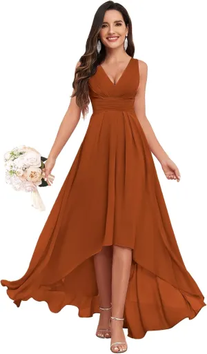 V Neck Bridesmaid Dresses for Women High Low A-Line Chiffon Pleated Evening Party Gown with Pockets