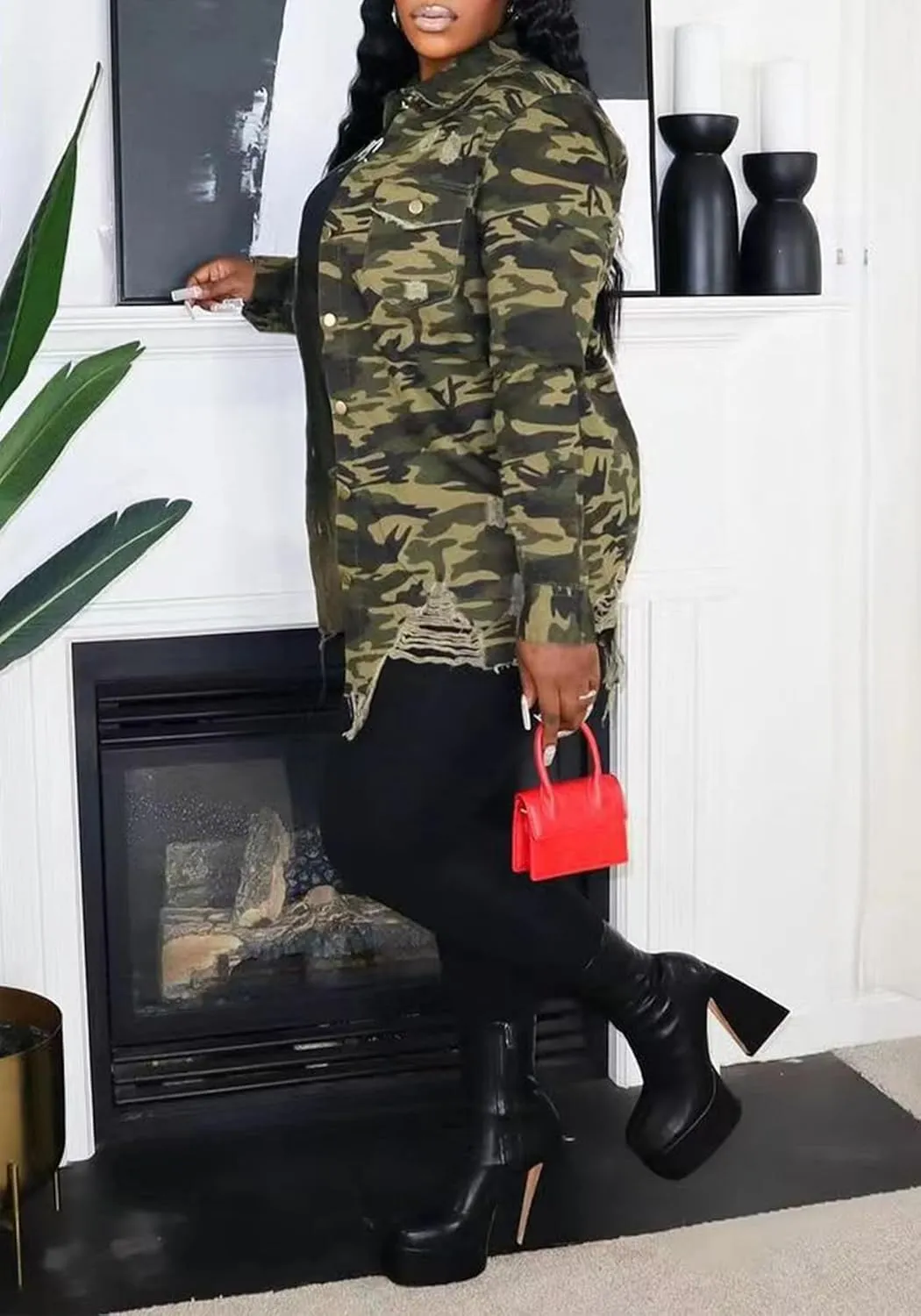 Vakkest Ripped Camo Jacket for Women Long Sleeve Casual Distressed Fray Fringe Hem Army Fatigue Trucker Outwear Coat