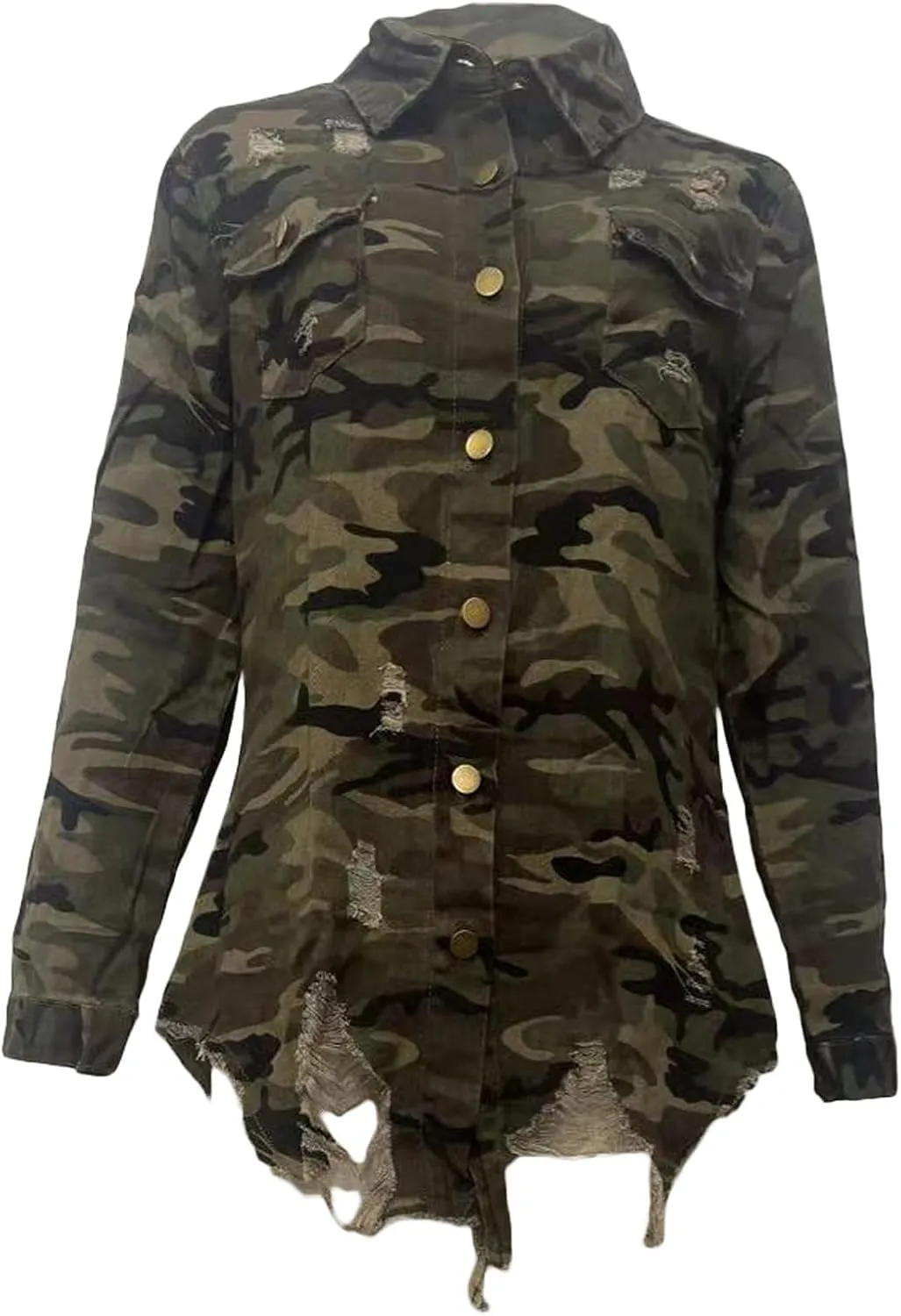 Vakkest Ripped Camo Jacket for Women Long Sleeve Casual Distressed Fray Fringe Hem Army Fatigue Trucker Outwear Coat