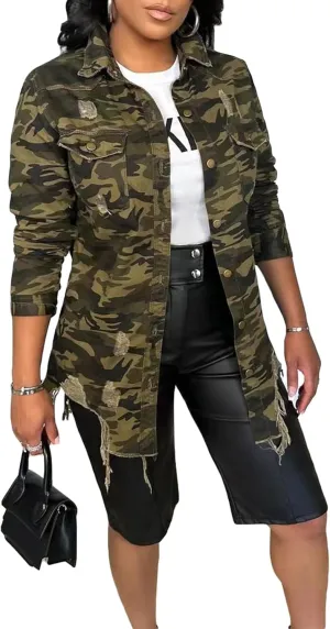 Vakkest Ripped Camo Jacket for Women Long Sleeve Casual Distressed Fray Fringe Hem Army Fatigue Trucker Outwear Coat