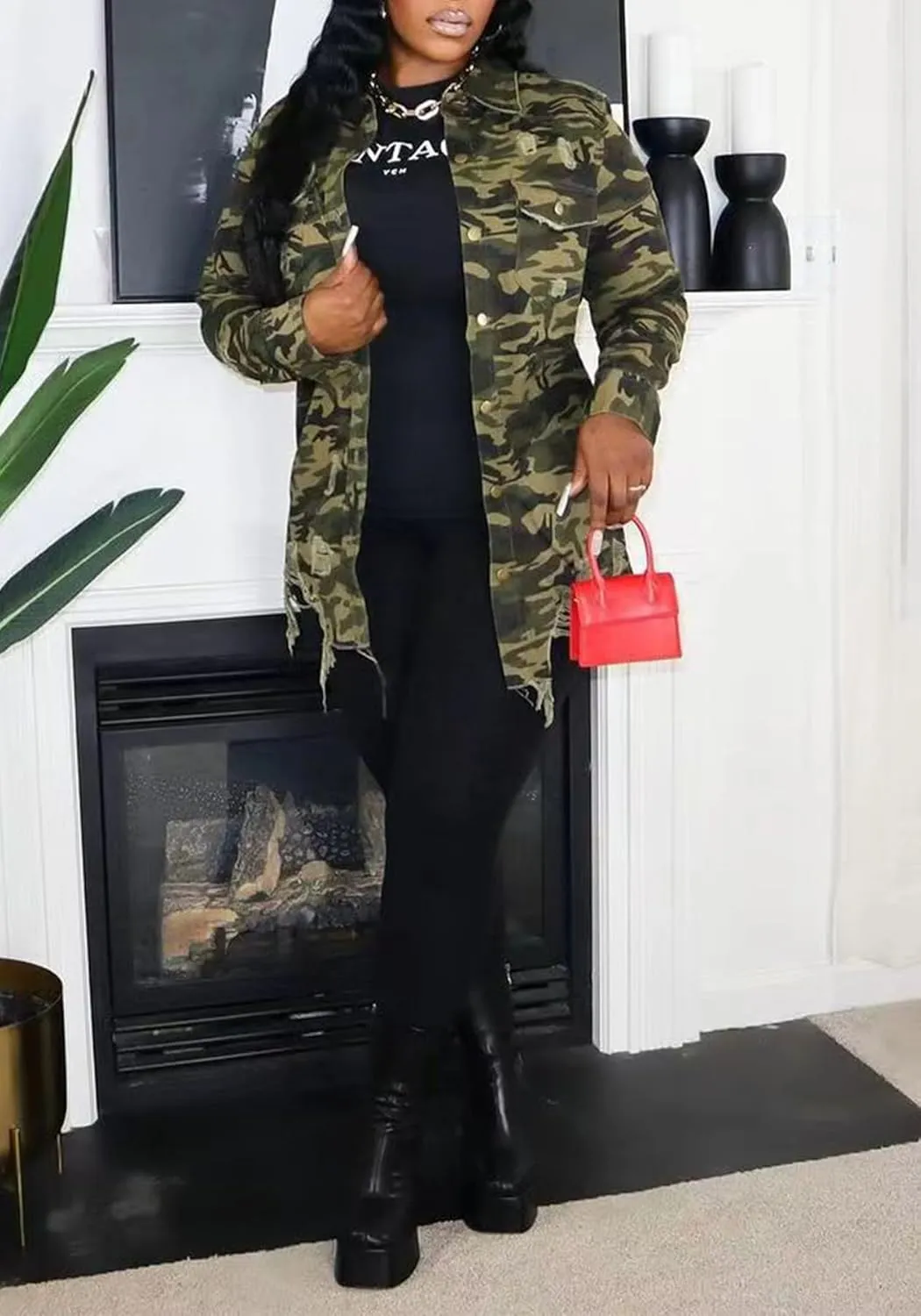 Vakkest Ripped Camo Jacket for Women Long Sleeve Casual Distressed Fray Fringe Hem Army Fatigue Trucker Outwear Coat