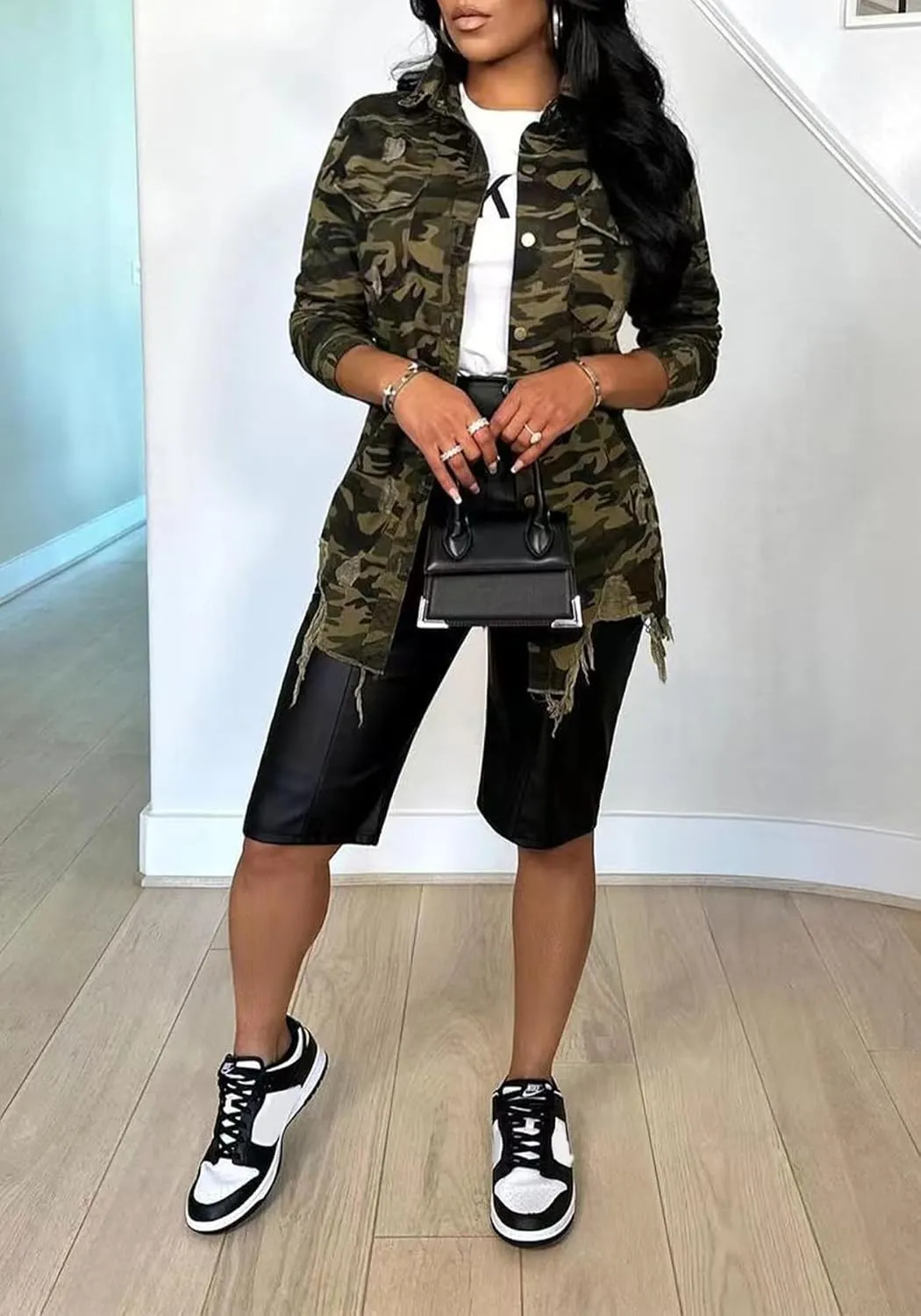 Vakkest Ripped Camo Jacket for Women Long Sleeve Casual Distressed Fray Fringe Hem Army Fatigue Trucker Outwear Coat