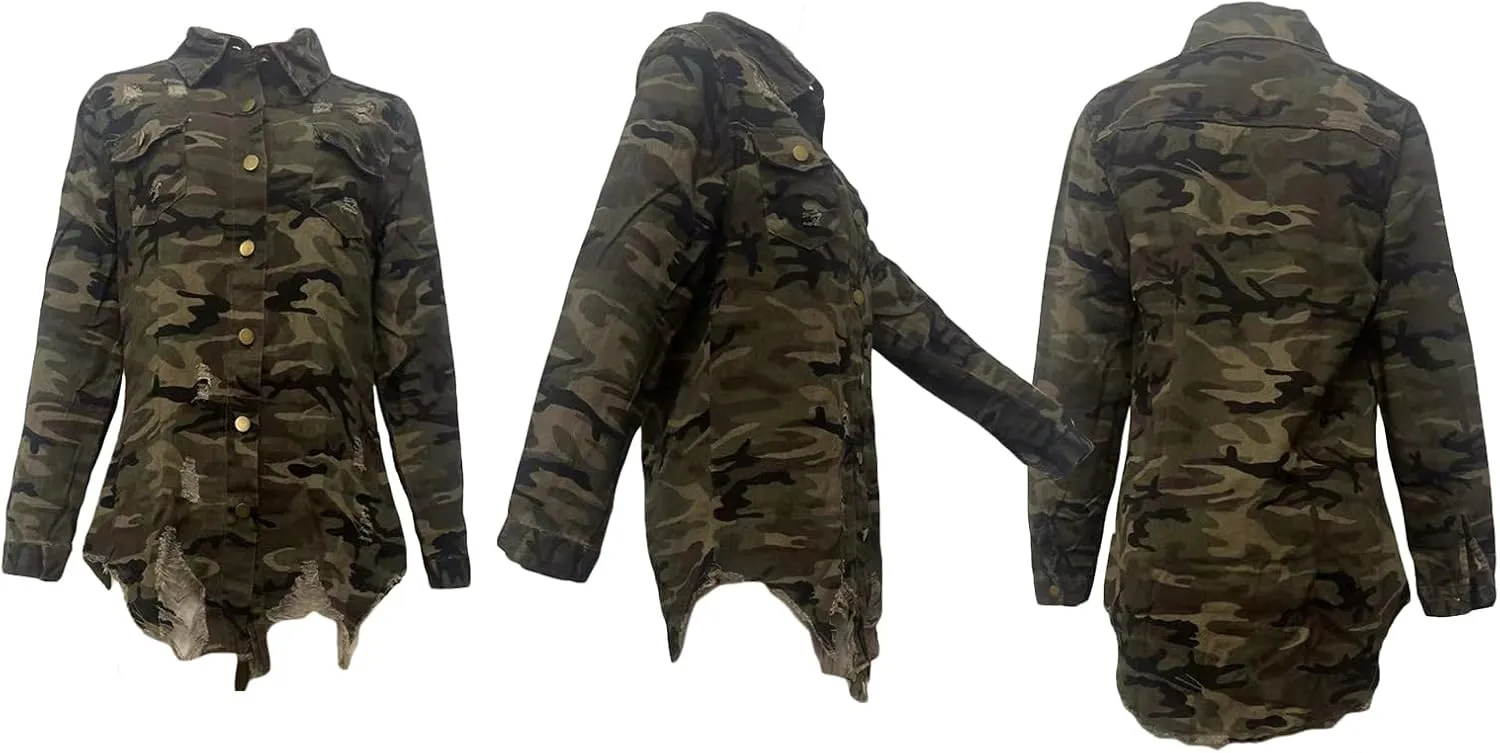 Vakkest Ripped Camo Jacket for Women Long Sleeve Casual Distressed Fray Fringe Hem Army Fatigue Trucker Outwear Coat
