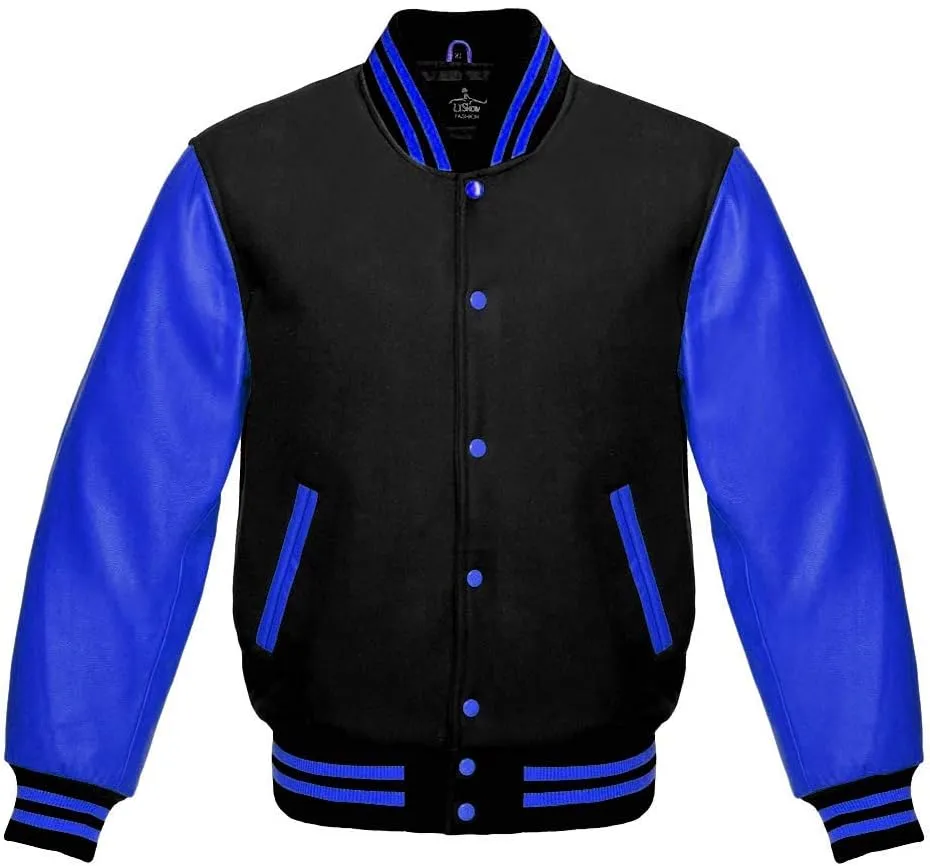 Varsity Jacket Baseball Letterman Bomber School Premium Wool Royal blue Genuine leather sleeves