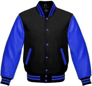 Varsity Jacket Baseball Letterman Bomber School Premium Wool Royal blue Genuine leather sleeves