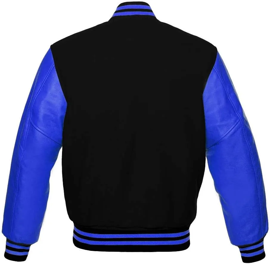 Varsity Jacket Baseball Letterman Bomber School Premium Wool Royal blue Genuine leather sleeves