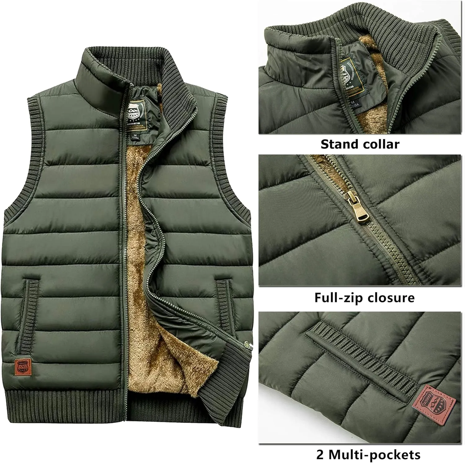 Vcansion Men's Outdoor Stand Collar Fleece Jacket Vest Casual Padded Vest Coats