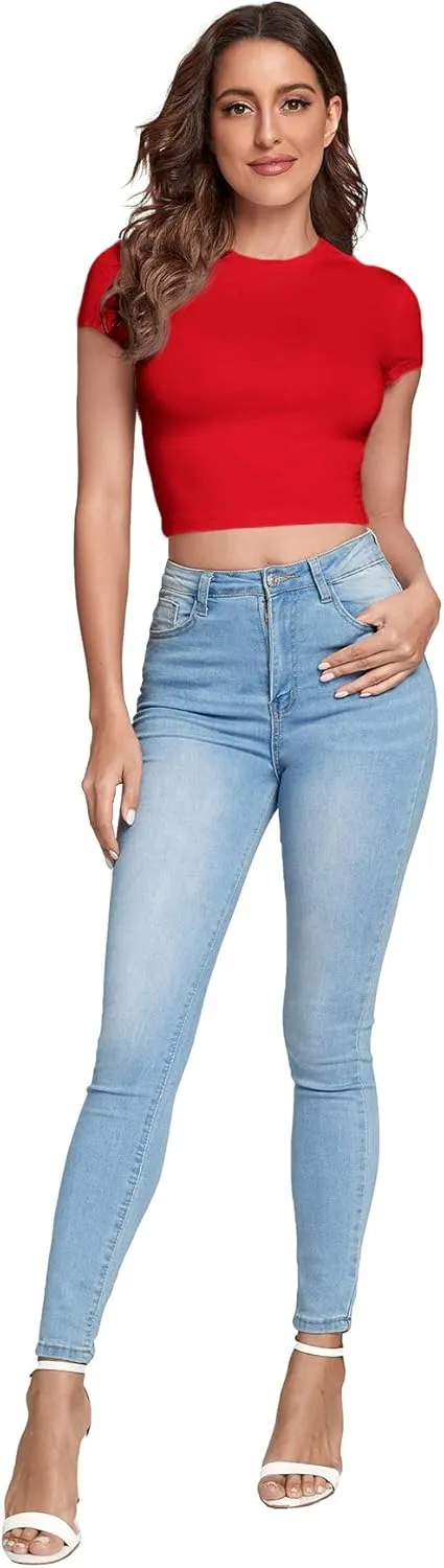 Verdusa Women's Casual Basic Cap Sleeve Slim Fitted Round Neck Crop Tee Top
