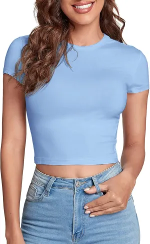 Verdusa Women's Casual Basic Cap Sleeve Slim Fitted Round Neck Crop Tee Top
