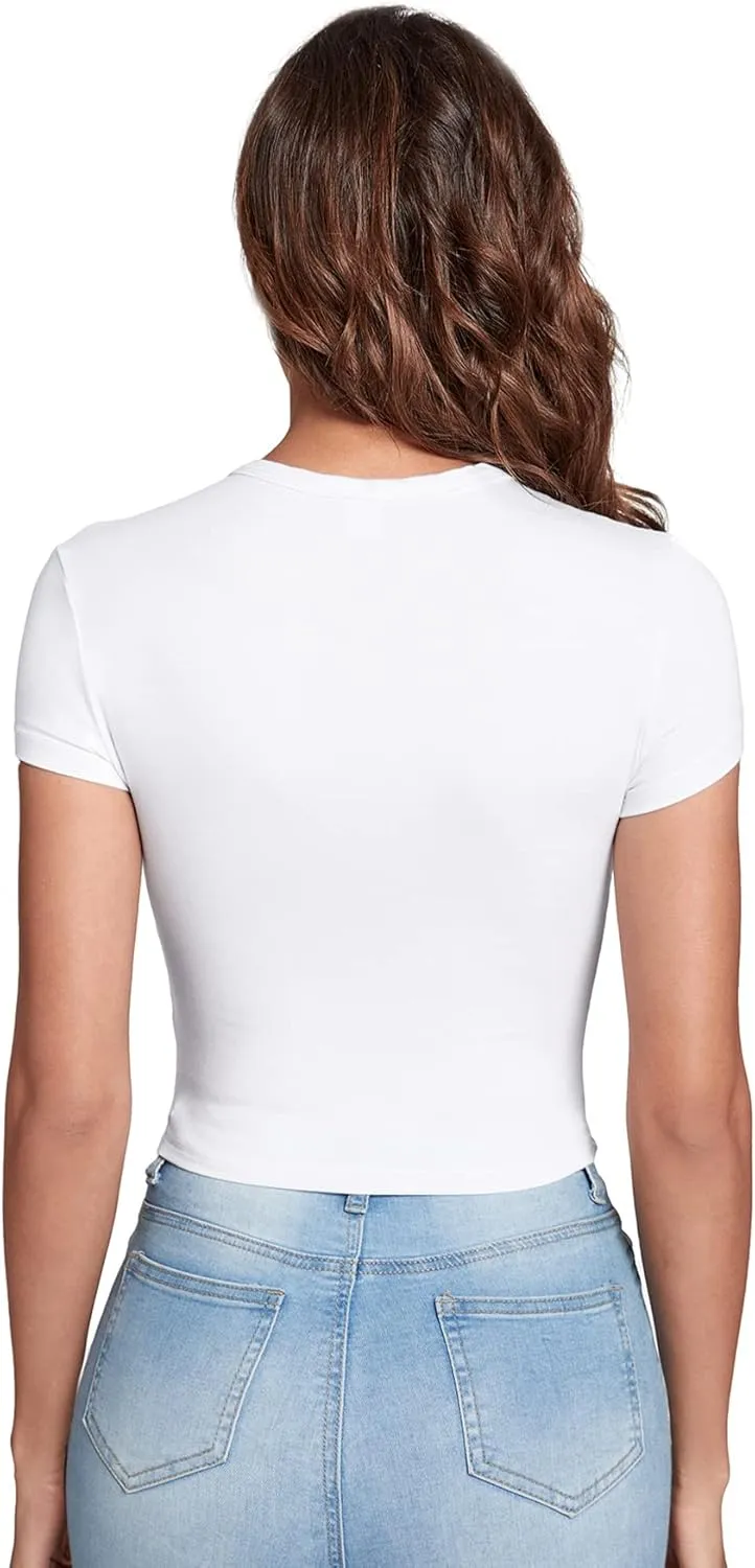 Verdusa Women's Casual Basic Cap Sleeve Slim Fitted Round Neck Crop Tee Top