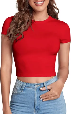 Verdusa Women's Casual Basic Cap Sleeve Slim Fitted Round Neck Crop Tee Top